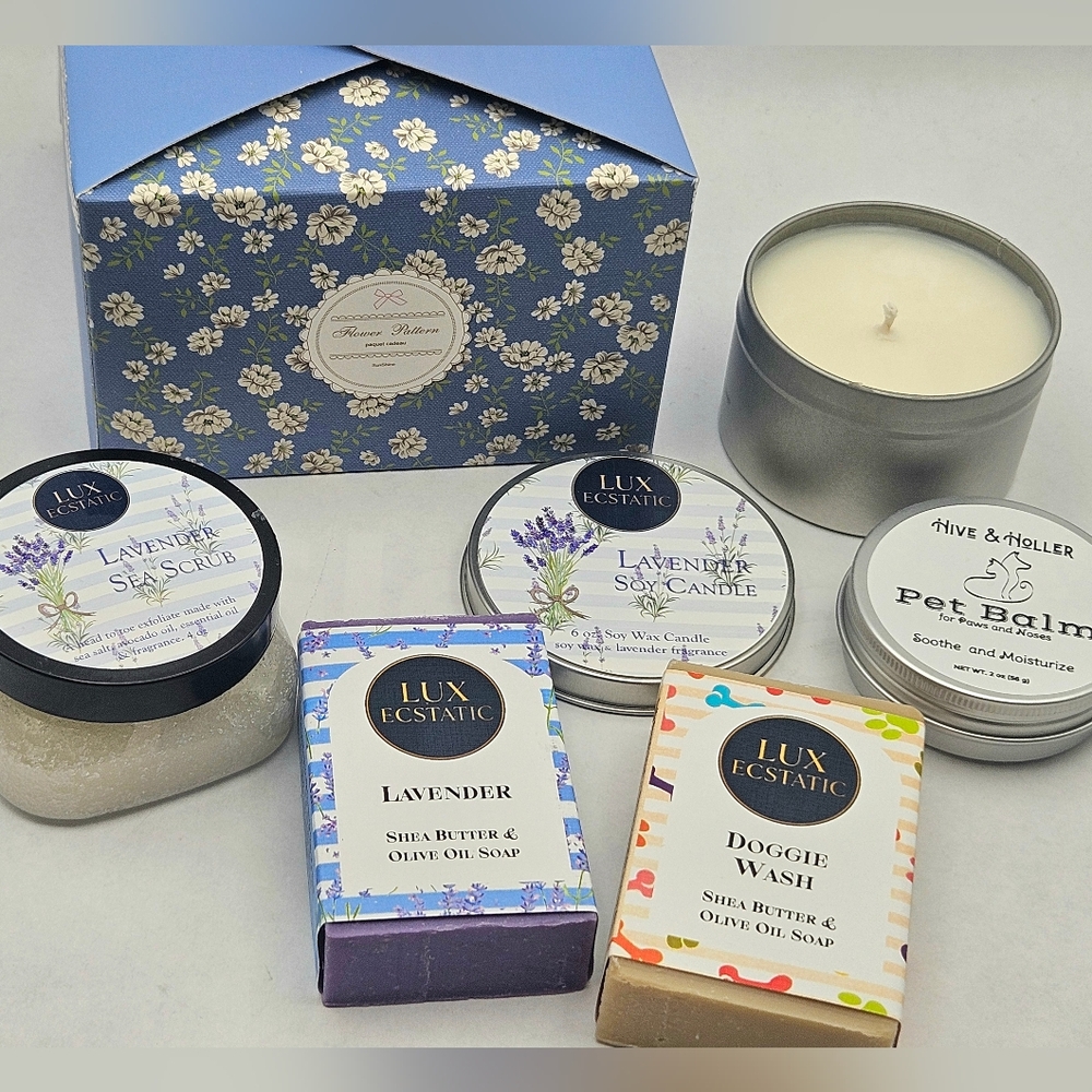 DOG MOM GIft Set - Paw Balm - Shampoo Soap - Lavendar Soy Candle - Salt Scrub